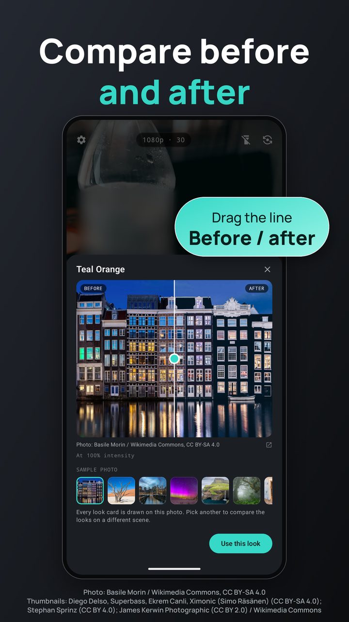 Before and after compare of the Teal Orange look on a canal photo, split by a line